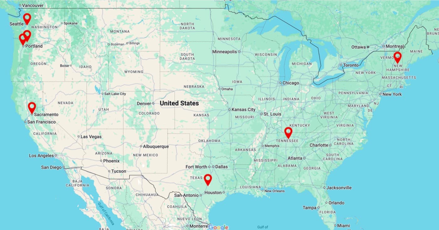 Map of the United States with GYI chapter locations pinned